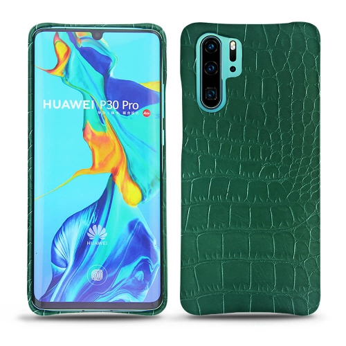 Protections en cuir (housses, coques, étuis) fabriquées main pour Huawei P30 Pro Crocodile pino ( Pantone #173F35 ) 