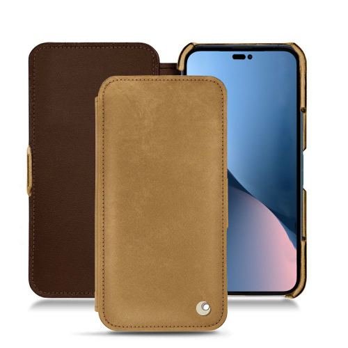 Elegantes fundas de cuero para el Apple iPhone 14 PlusSable vintage ( Pantone #9b7340 ) 