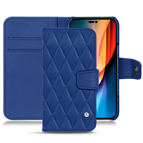 Premium-Lederhülle für Apple iPhone 14 ProBleu océan - Couture ( Nappa - Pantone #15458a) 
