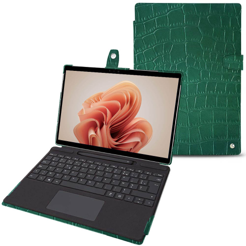 Housse en cuir de haute qualité pour Microsoft Surface Pro 9Crocodile pino ( Pantone #173F35 ) 