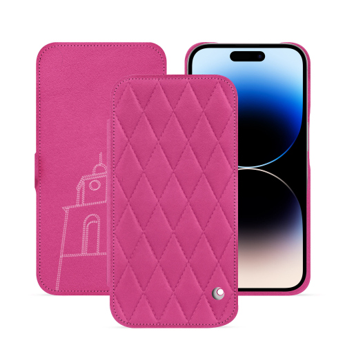 Horizontale Klapphülle für das iPhone 15 Pro | Eleganz und RobustheitRose BB - Couture ( Pantone #DB599F )