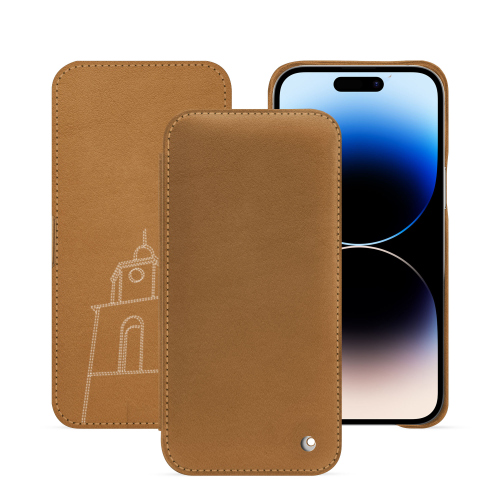 Capa com aba horizontal para iPhone 15 Pro Max | Luxo e durabilidadeCastan esparciate ( Pantone #824F2A )