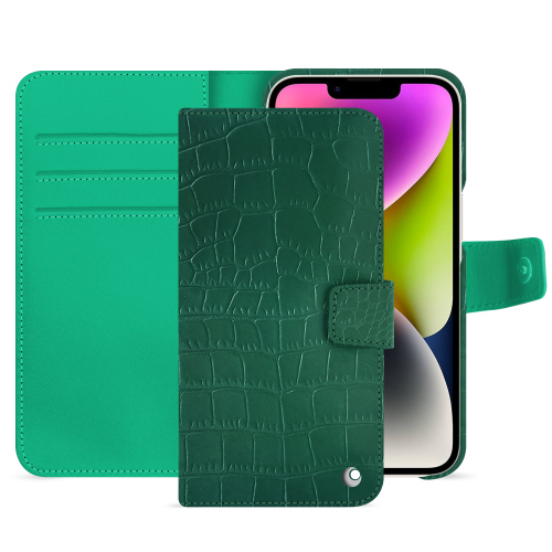 Capa carteira de luxo para iPhone 15 Plus | Máxima elegância e proteçãoCrocodile pino ( Pantone #173F35 ) 