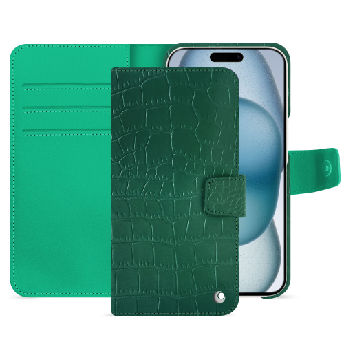 Luxus-Wallet-Hülle für das iPhone 15 | Entscheiden Sie sich für das Beste!Crocodile pino ( Pantone #173F35 ) 