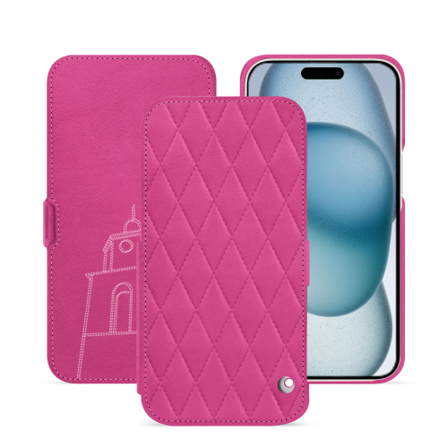 Horizontale Klapphülle für das iPhone 15 - Eleganz und luxuriöser SchutzRose BB - Couture ( Pantone #DB599F )