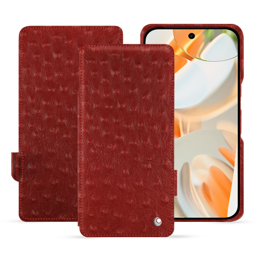 Cover protettiva con patta orizzontale in pelle Google Pixel 9 Pro | Noreve LuxeAutruche ciliegia ( Pantone #a4343a ) 