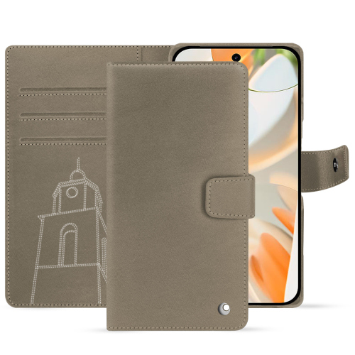 Funda de cuero de lujo tipo cartera para Google Pixel 9 Pro | Noreve - Protección de alta gamaDarboun sabla ( Pantone #BCB1A1 )