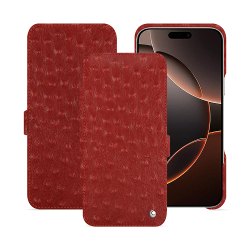 Luxurious Horizontal Flap Case for iPhone 16 Pro | NoreveAutruche ciliegia ( Pantone #a4343a ) 