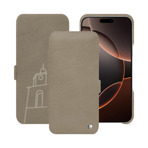 Capa com aba horizontal luxuosa para iPhone 16 Pro | NoreveDarboun sabla ( Pantone #BCB1A1 )