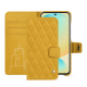 Samsung Galaxy S24 FE leather wallet case - Jaune soulèu - Couture ( Pantone #F3B934 )