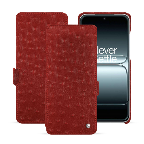 Housse à rabat luxe OnePlus 13T – Étui Noreve sur‑mesureAutruche ciliegia ( Pantone #a4343a ) 