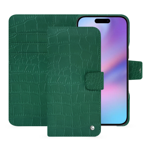Luxuriöse iPhone 17 Wallet-Hülle – Noreve Saint-TropezCrocodile pino ( Pantone #173F35 ) 
