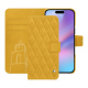 Apple iPhone 17 leather wallet case - Jaune soulèu - Couture ( Pantone #F3B934 )