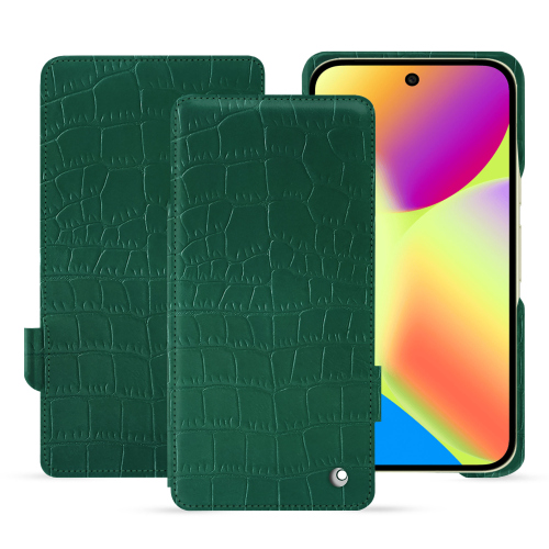 Housse rabat luxe Google Pixel 10 | Élégance & cuir NoreveCrocodile pino ( Pantone #173F35 ) 