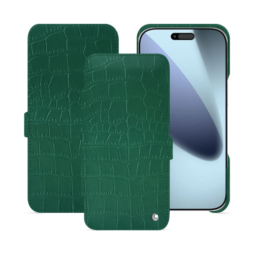 Housse à rabat luxe iPhone 17 Pro Max – Cuir haut de gamme | NoreveCrocodile pino ( Pantone #173F35 ) 
