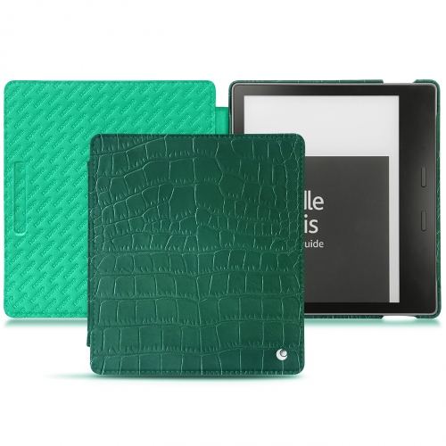 Housse cuir Amazon Kindle Oasis (2017) : Housse et coque en cuir pour Liseuses et tablettes sur NoreveCrocodile pino ( Pantone #173F35 ) 